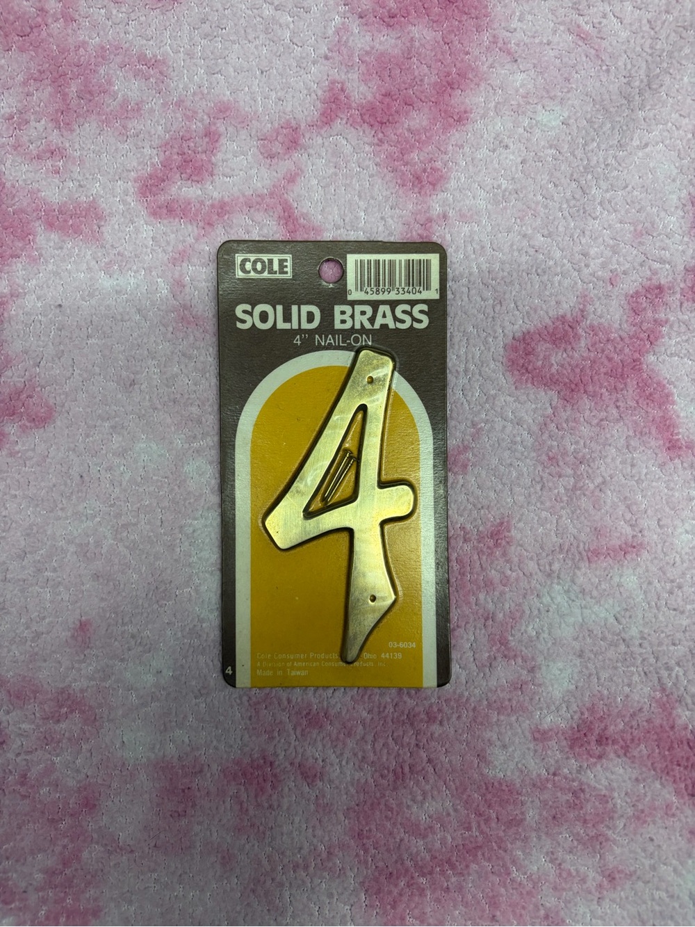 Vintage Cole Solid Brass 4" Nail-On House Number #4 NOS Sealed
